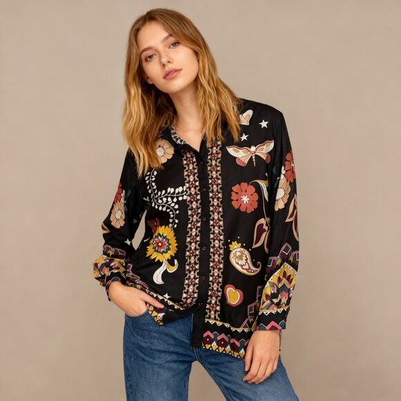 Johnny Was Tops - NWT Johnny Was Rosalynda Silk blend Floral Button-Up Blouse Shirt Multicolor XS